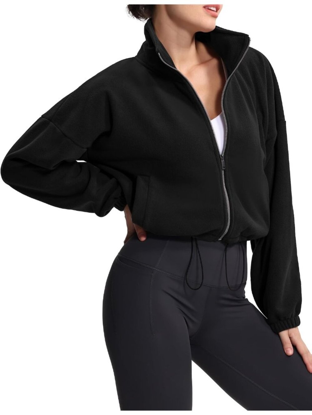 Women's Black Fleece Full ZIP Sherpa Coat 2 Pockets Imported Cropped Jacket